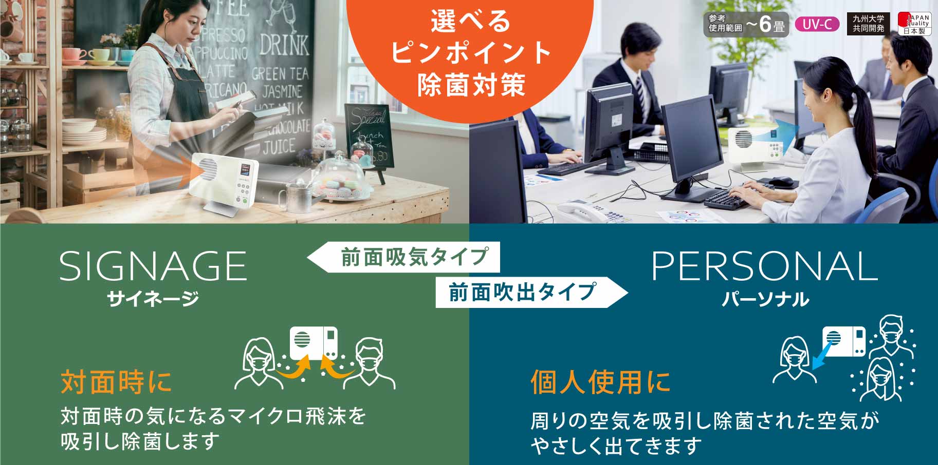 【製品画像】卓上空気除菌装置LightnicUVサイネージとパーソナル。サイネージは対面時の気になるマイクロ飛沫を吸引。除菌レジカウンターのレジ横に空気清浄機を置いてある画像。パーソナルは個人使用におすすめ。周りの空気を吸引し除菌された空気がやさしくでてきます。オフィスのデスクに空気清浄機を置いてある画像